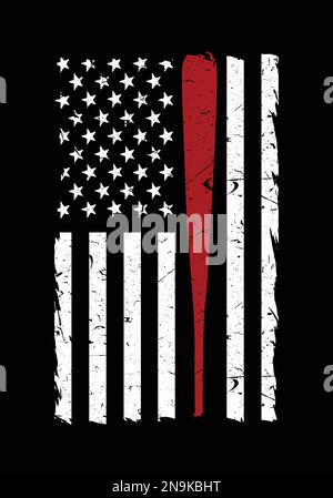 Amerikanische Baseballflagge. Schwarz-weiße US-Flagge und roter Baseballschläger-Vektor. Stock Vektor