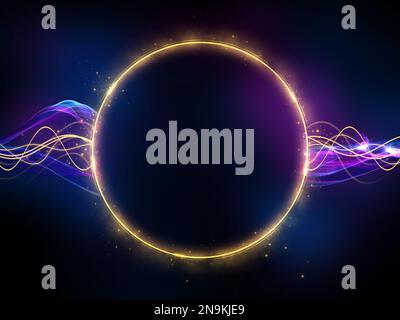 Dunkler Hintergrund mit einem leuchtenden Kreis, Glitzereffekt und einigen wellenförmigen Lichteffekten. Digitale Illustration. Stockfoto