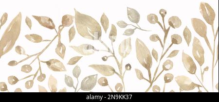Aquarell hinterlässt nahtlose Ränder. Reproduzierbarer, getrockneter Boho hinterlässt einen Strauß in neutralen Farben. Botanisches Naturdesign. Einladung zur Hochzeit im böhmischen Stil, gr Stockfoto