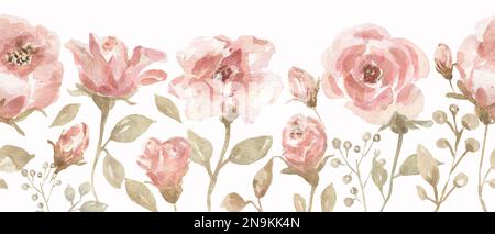 Aquarelle Korallenblüten und hinterlässt nahtlose Ränder. Reproduzierbare Pfingstrose und hinterlässt einen Strauß in neutralen Farben. Botanisches Naturdesign. Bohemian s Stockfoto