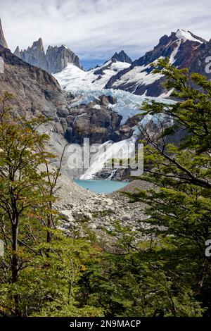 Blick auf den wunderschönen Gletscher Piedras Blancas mit Lagune während der Wanderung zur Laguna de los Tres und zum Mount Fitz Roy in Patagonien, Argentinien, Südamerika Stockfoto