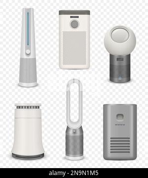 Luftbefeuchter. Klimaregelungssysteme für das Wohnen im Innenraum verschiedene Luftreinigungssysteme feuert anständige Vektor-realistische Bilder Stock Vektor