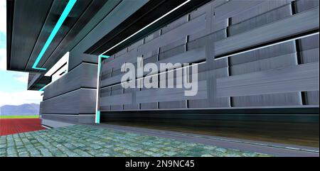 Das metallöffnende Garagentor. Klettern Sie mit natürlichem Granitstein gepflastert. Komplett aus Aluminium gefertigte Fassade. Tagbeleuchtung. 3D-Rendering. Stockfoto