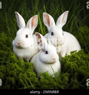Lustiger weißer Teddy-Hase, der auf grünem Gras sitzt. Eps 10 Stockfoto