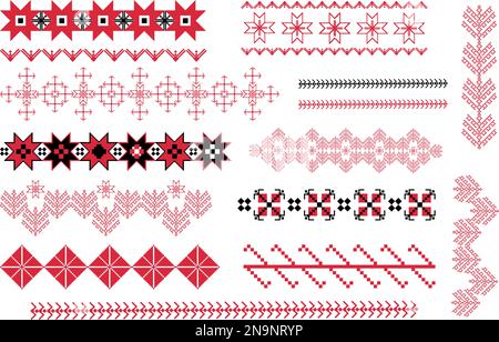 Set geometrischer Figuren ethnischer Stickereien. Ukrainisches Muster. Ethnische Ornamente. Kreuzstich. Vektordarstellung. Stock Vektor