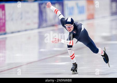 TOMASZOW MAZOWIECKI, POLEN - FEBRUAR 12: Ignaz Gschwentner von Österreich tritt bei der ISU Speed Skating World Cup 5 am 12. Februar 2023 in Tomaszow Mazowiecki, Polen an der B-Gruppe der Männer 1000m an (Foto: Andre Weening/Orange Pictures) Stockfoto