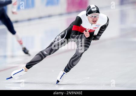 TOMASZOW MAZOWIECKI, POLEN – FEBRUAR 12: Jakub Piotrowski aus Polen tritt bei der ISU Speed Skating World Cup 5 am 12. Februar 2023 in Tomaszow Mazowiecki, Polen an der B-Gruppe der Männer 1000m an (Foto: Andre Weening/Orange Pictures) Stockfoto