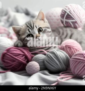 Niedliche junge silberne lop-ohred Scottish Fold AS11 Kätzchen sitzen gerade nach oben Kätzchen spielen Kugeln skeins der Faden weißen Hintergrund. Eine Rasse von inländischen Stockfoto