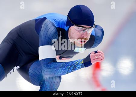 TOMASZOW MAZOWIECKI, POLEN - FEBRUAR 12: Dmitry Morozov aus kasachstan tritt während der ISU Speed Skating World Cup 5 am 12. Februar 2023 in Tomaszow Mazowiecki, Polen, an der B Group 1000m der Männer Teil (Foto: Andre Weening/Orange Pictures) Stockfoto