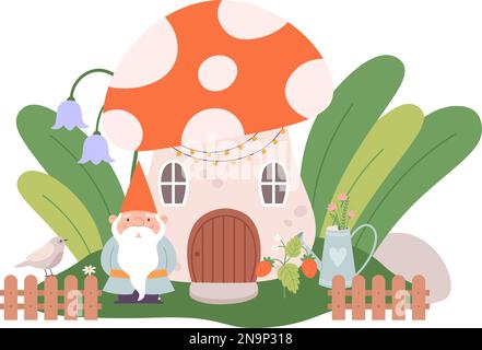 GNOME und Pilzhaus. Gartenzwerg, Pflanzen und Vogel. Magische Komposition des Cartoons. Magische Waldfiguren, Vektorszene Stock Vektor