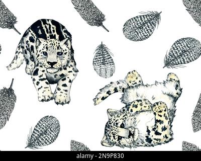 Muster. Aquarelle wilde Waldtiere: Schneeleopard in Federn. Natur-Illustration für Kinder-Design. Stockfoto