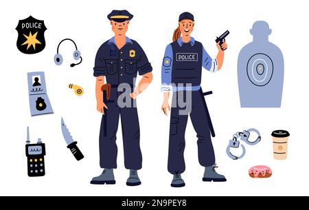 Comic-Polizeieinheiten. Mann und Frau auf Streife. Verschiedene Sicherheitsausrüstungen. Berufspolizisten in Uniform. Männliche oder weibliche Offiziere. Polizisten mit Waffen Stock Vektor