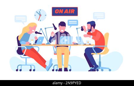 Lächelnde Menschen nehmen Audio-Podcasts auf. Online-Show. Der Moderator des Funkgeräts interviewt den Gast. Voice Broadcasting-Studio. Männer und Frauen sitzen am Tisch Stock Vektor