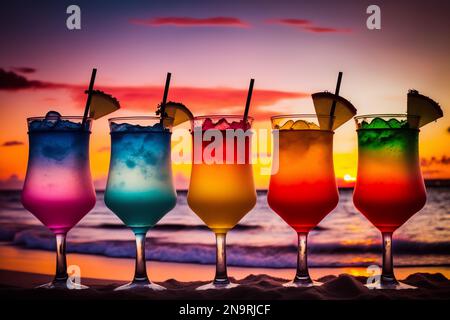 Eine Reihe farbenfroher Cocktails an einem tropischen Strand bei Sonnenuntergang Stockfoto