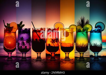 Eine Reihe farbenfroher Cocktails an einem tropischen Strand bei Sonnenuntergang Stockfoto