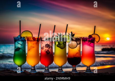 Eine Reihe farbenfroher Cocktails an einem tropischen Strand bei Sonnenuntergang Stockfoto