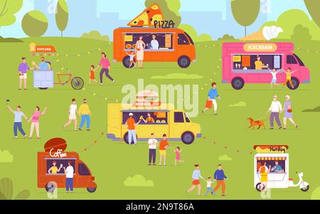 Food Festival im Freien. Outdoor-Catering-Event, Menschenmassen essen an Straßenmahlzeit-Truck-Zeltstand, Sommermarkt, Familien trinken im städtischen Café, herrliche Vektordarstellung des Festivalessens Stock Vektor