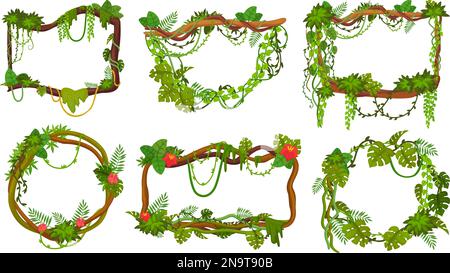 Liana-Rahmen. Regenwald-Dickicht-Rahmen für das Spiel-ui, Cartoon-Dschungel-Kriecher auf Zweigen, schleichende Seilweine Pflanzen tropische Vegetation Vegetation, stellen geniale Vektorbilder von Liana-Dschungel-Rahmen auf Stock Vektor