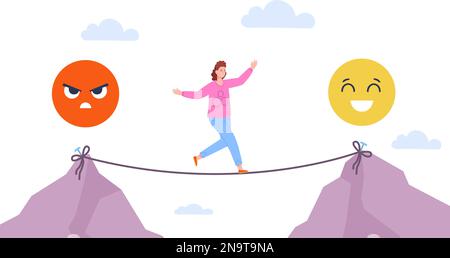 Emotionales Gleichgewicht. Stabilität und instabile Stimmung, Emotionsdisziplin Therapiegefühle kontrollieren eine positive traurige oder glückliche Frau auf instabilen Seil-Slacklining-Vektoren Darstellung von Gleichgewichtsgefühlen Stock Vektor
