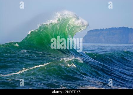 Dramatische, spritzende Welle, die mit Sprühnebel hoch ansteigt, während sie am Ufer mit der Küste Oregons im Hintergrund am Cape Kiwanda bricht Stockfoto