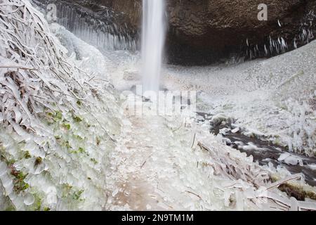 Nahaufnahme des Wintereises nach einem Sturm entlang der Latourell Falls, Columbia River Gorge National Scenic Area, Oregon, USA; Oregon, Vereinigte Staaten von Amerika Stockfoto