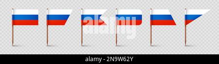 Realistische verschiedene russische Zahnstocher-Flaggen. Souvenir aus Russland. Zahnstocher aus Holz mit Papierfahne. Positionsmarke, Kartenzeiger. Leeres Modell für Stock Vektor