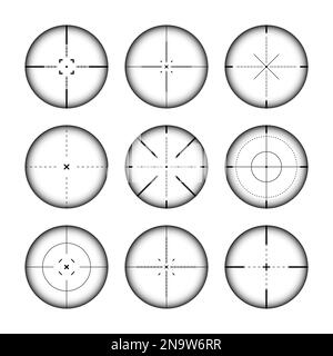 Verschiedene Waffenvisiere, Scharfschützengewehr optische Scopes. Jagdgewehr-Sucher mit Fadenkreuz. Ziel, schießen Marke Symbol. Militärisches Zielzeichen, Silhouette Stock Vektor