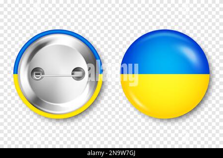 Realistisches Knopfabzeichen mit bedruckter ukrainischer Flagge. Souvenir aus der Ukraine. Glänzendes Pin-Emblem mit glänzendem Metallverschluss. Produktmockup für Werbung und Stock Vektor