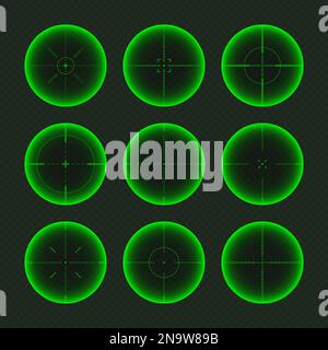 Verschiedene Waffen Nachtsicht, Scharfschützengewehr optische Scopes. Jagdgewehr-Sucher mit Fadenkreuz. Ziel, schießen Marke Symbol. Militärisches Zielschild Stock Vektor