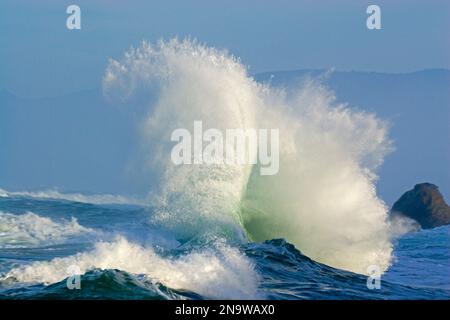 Dramatische, spritzende Welle, die mit Sprühnebel hoch ansteigt, während sie am Ufer mit der Küste Oregons im Hintergrund am Cape Kiwanda bricht Stockfoto