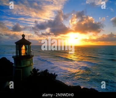 Heceta Head Light beleuchtet bei Dämmerung an der Küste Oregons im Heceta Head State Park, USA; Oregon, USA Stockfoto