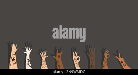 Farbige, angehobene Hände, tätowiert mit verschiedenen Gesten. Hintergrund für Banner oder Landing-Page mit Freiheit und Toleranz gegenüber der Idee der Vielfalt. Stock Vektor