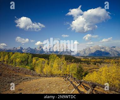 Fence grenzt an die Ranch in der Nähe der Teton Range, Grand Teton National Park; Wyoming, Vereinigte Staaten von Amerika Stockfoto