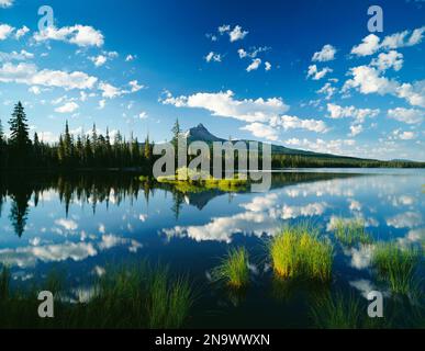 Wolken im Himmel spiegeln sich am Mountain Lake, Willamette National Forest in Oregon, USA; Oregon, Vereinigte Staaten von Amerika Stockfoto