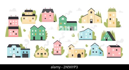 Süße Häuser stellen Vektorbilder. Cartoon kleine Wohngebäude der Stadt oder des Dorfes mit Tür und Fenstern, Rauch vom Schornstein und vom Dach, Vorderblick auf verschiedene Backsteinhäuser und Wohnungen Stock Vektor