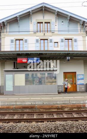 Aigle-Bahnhofsgebäude, Januar 2023 Stockfoto