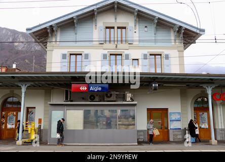 Aigle-Bahnhofsgebäude, Januar 2023 Stockfoto