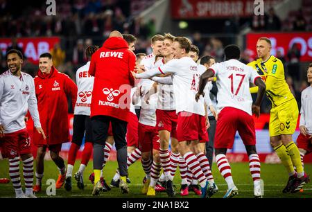 Köln, Deutschland. 12. Februar 2023. Linton Maina (Köln), Denis Huseinbasic (Köln), Timo Hübers (Köln), Mathias Olesen (Köln), Kingsley Schindler (Köln), Stockfoto