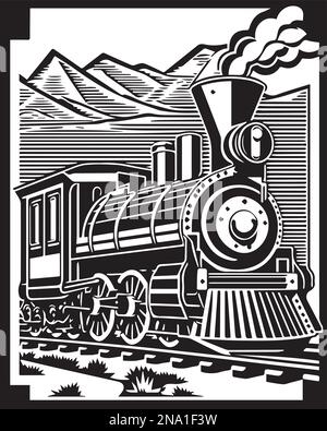 Dampflokomotive in den Bergen Linocut-Vektor-Illustration digitale Kunst Stock Vektor