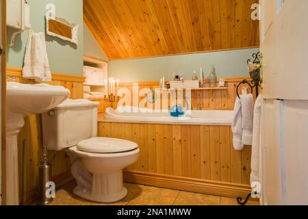 Weiße therapeutische Badewanne mit einer vertikalen Dielenbasis aus Kiefernholz, Toilette und Sockelwaschbecken im Hauptbadezimmer des alten Hauses 1820. Stockfoto