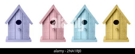 Set mit bunten Vogelhäusern auf weißem Hintergrund, Bannerdesign Stockfoto