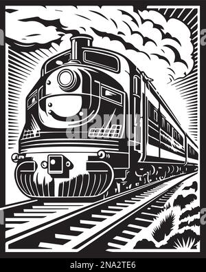 Dampflokomotive in den Bergen Linocut-Vektor-Illustration digitale Kunst Stock Vektor