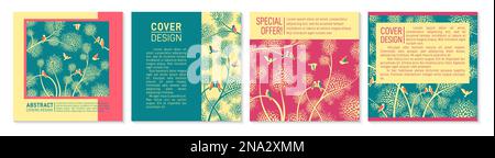 Abstraktes, trendiges Cover aus Vogel und Baum, quadratisches Kartendesign. Exotisches Muster, Notizbuchplaner mit Taube, Spatz. Broschüre Social-Media-Katalog. Dekorativer Seitenhintergrund Stock Vektor