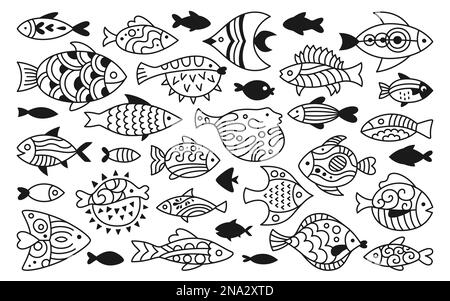 Fisch mit abstrakten tropischen Ornamenten und Doodle-Set. Lineare, moderne, exotische Aquariumtiere, Zeichentrickfilme. Verschiedene Konturen, Ziergegenstände, Süßwasser, Meeresfische, Dekorelemente Stock Vektor