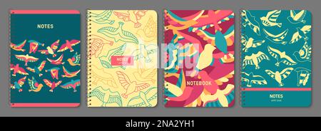 Abstraktes, trendiges Notebook-Cover-Set. Exotisches Taubendesign für Planer, Broschüre, Buch, Katalog. Notizblock mit Spatz-linearem Ornament. Dekoratives Fowl Layout Seite Vorlage drucken Poster Illustration Stock Vektor