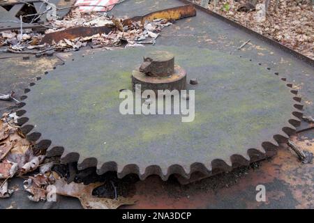 Ausrüstung wurde auf rostigen Maschinen in den Wäldern von New England gefunden. Getrocknete Blätter auf und um die rostigen Geräte. Zahnrad nach unten. Stockfoto