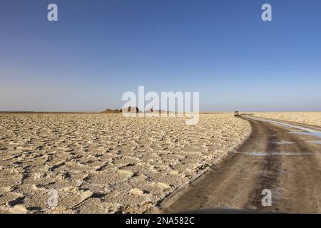 Fahrzeug mit Allradantrieb auf den Salzebenen des Lake Karum (Lake Assale), Danakil Depression; Afar Region, Äthiopien Stockfoto