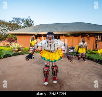 Bunyoro-Tänzer, Hoima Cultural Lodge; Hoima, Western Region, Uganda Stockfoto