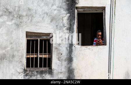 Junge im Fenster mit Smartphone, Stone Town of Sansibar; Sansibar City, Unguja Island, Sansibar, Tansania Stockfoto