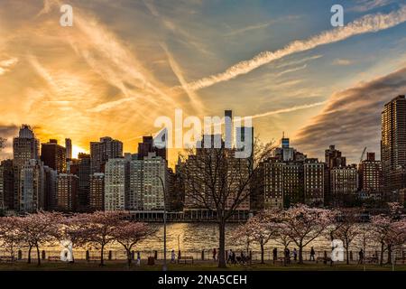 Skyline von Manhattan bei Dämmerung von Roosevelt Island über den East River; New York City, New York, Vereinigte Staaten von Amerika Stockfoto